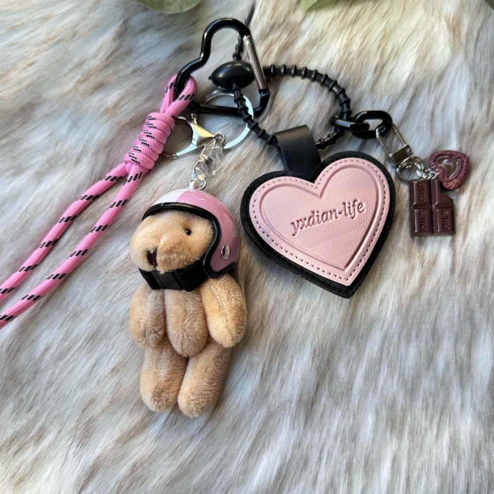Pink Heart Keychain with Teddy Bear Charm